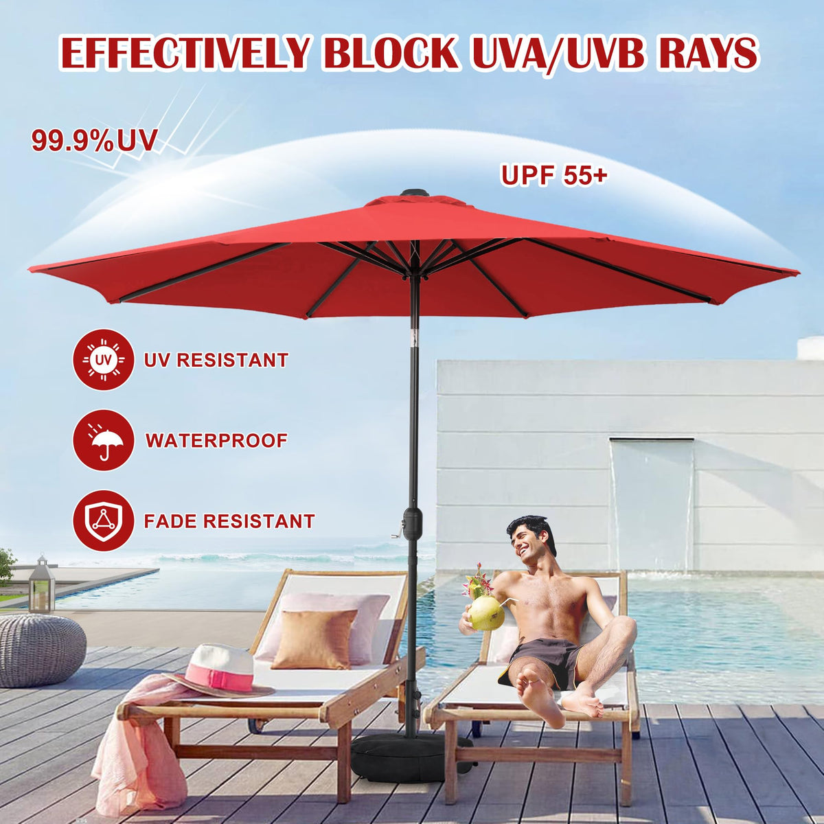 Sundale Outdoor Olefin 5-Year-Non-Fading 10FT Patio Umbrella with Sand Bag Base, Outdoor Umbrella with Tilt and Crank, Red
