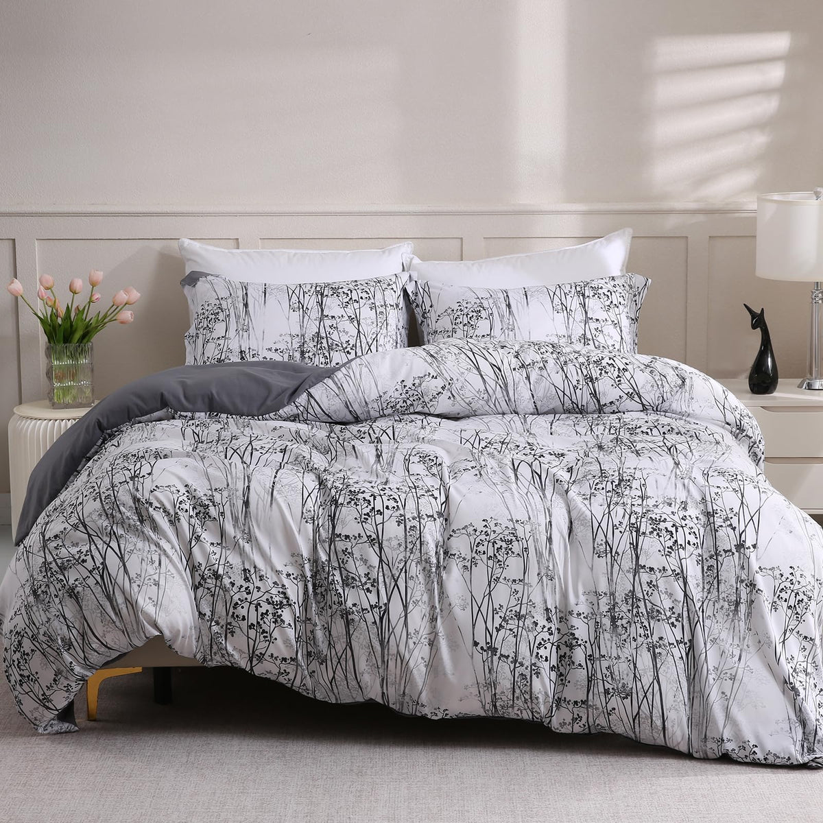 LONAVA Queen Botaincal 3 Pcs Duvet Cover Set, Breathable Soft Microfiber Deep Grey Lining Comforter Cover with Zipper Closure, and 2 Anti-Pilling, Fade Resistant Pillowcases, Winter Forest