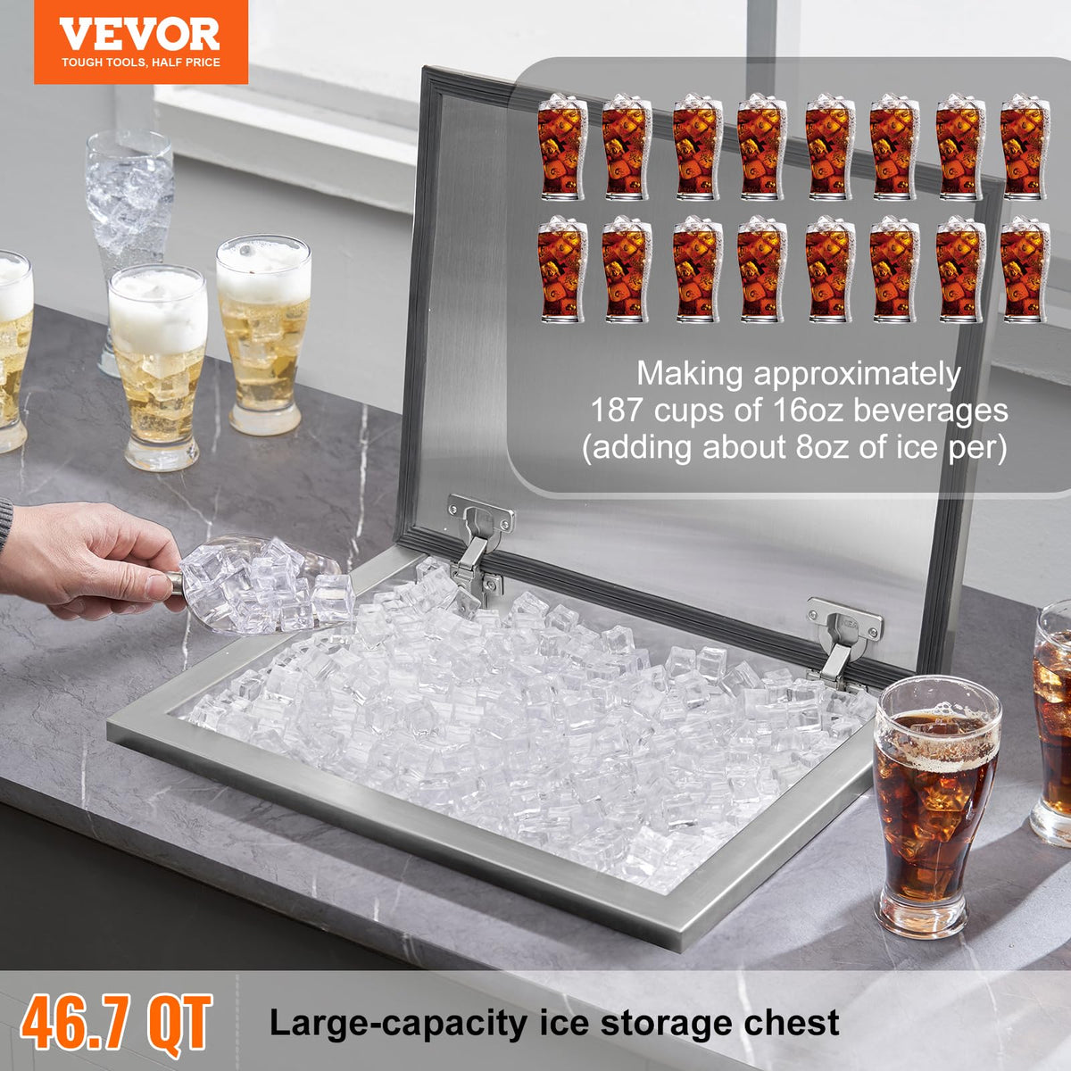 VEVOR Drop in Ice Chest, 20" L x 16" W x 13" H Stainless Steel Ice Cooler, Commercial Ice Bin with Hinged Cover, 40 qt Outdoor Kitchen Ice Bar, Drain-Pipe and Drain Plug Included, for Cold Wine Beer