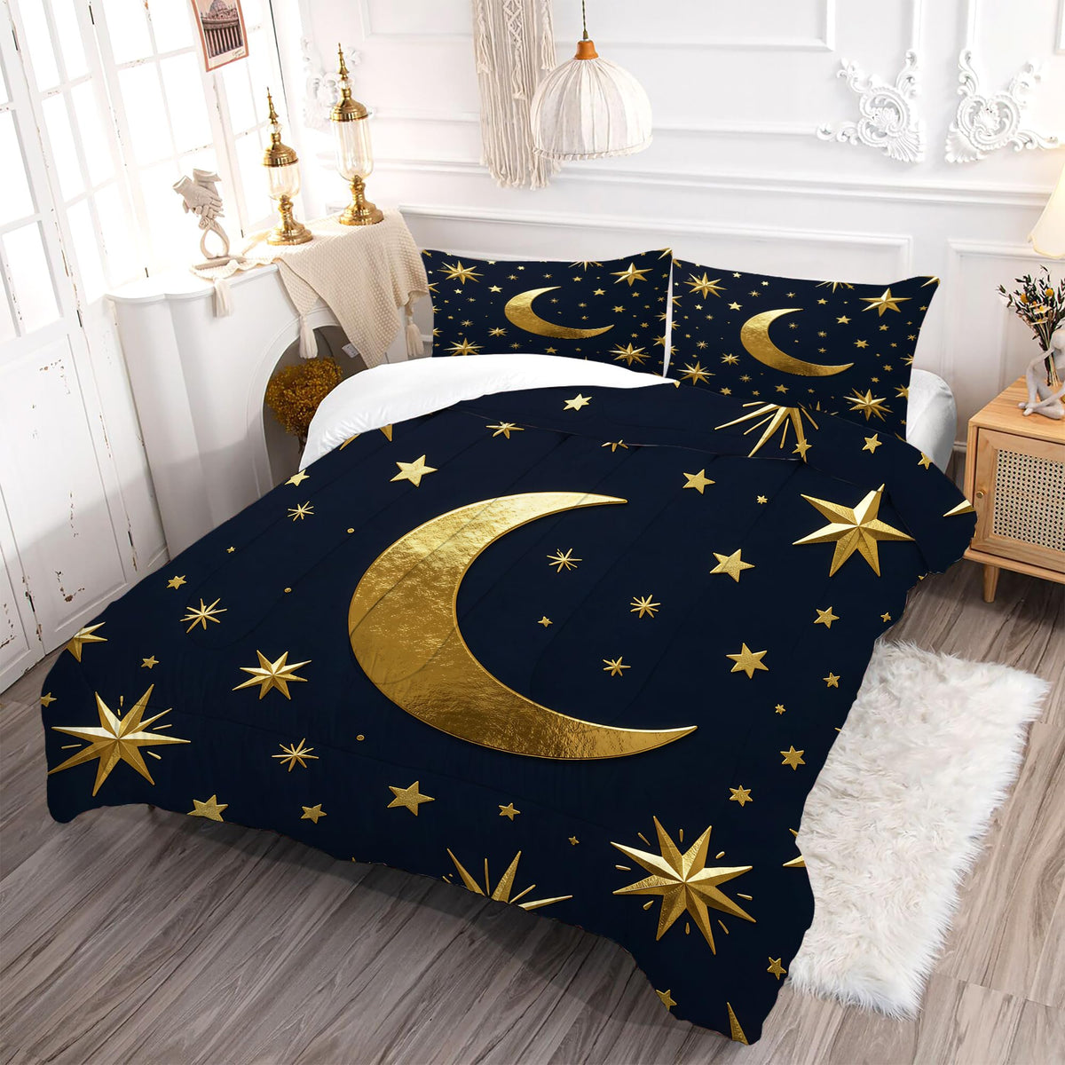 VTKON Gold Moon and Stars Bedding Set, Luxury Celestial Night Sky Comforter Set, Gold Starry Print Bed Set for Girls Bedroom Decor (Full Size 3Pcs with 2 Pillow Cases)