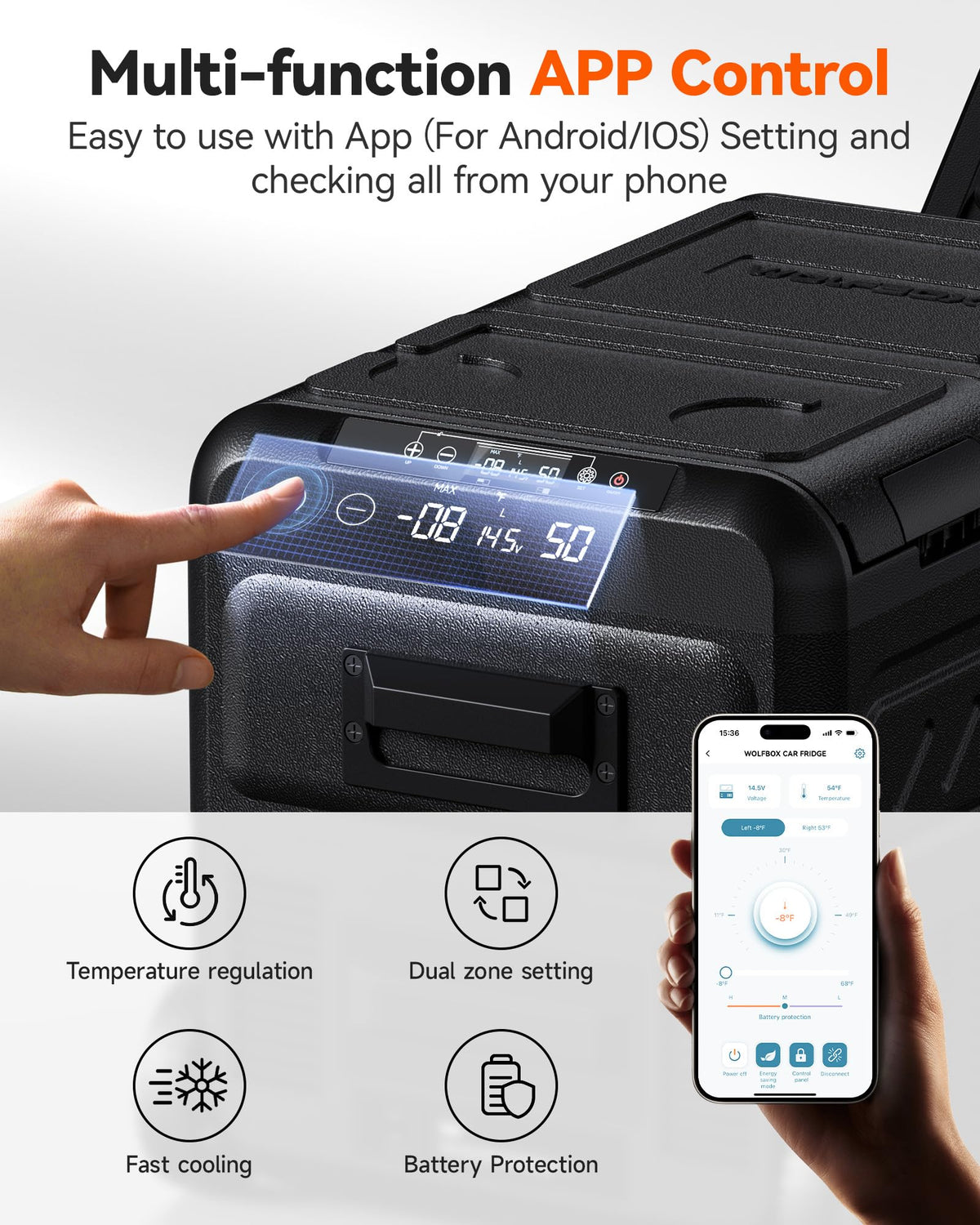 WOLFBOX 12V Car Refrigerator, 49 Quart Dual Zone Car Fridge, Portable Freezer(-8℉~68℉) with 12/24V DC 100/240V AC, APP Control Electric Cooler for Car, RV, Camping, Travel and Home Use