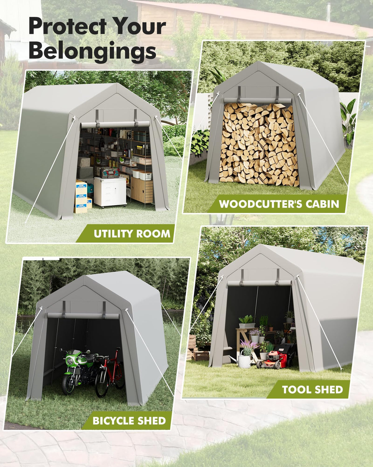 Heavy Duty 7x15 FT Portable Carport Shed, Waterproof Motorcycle Shelter & Storage, Roll-Up Door, Ventilated, Tool-Free Setup, Galvanized Steel, Secure Outdoor Garage for Bikes, Firewood, Tools