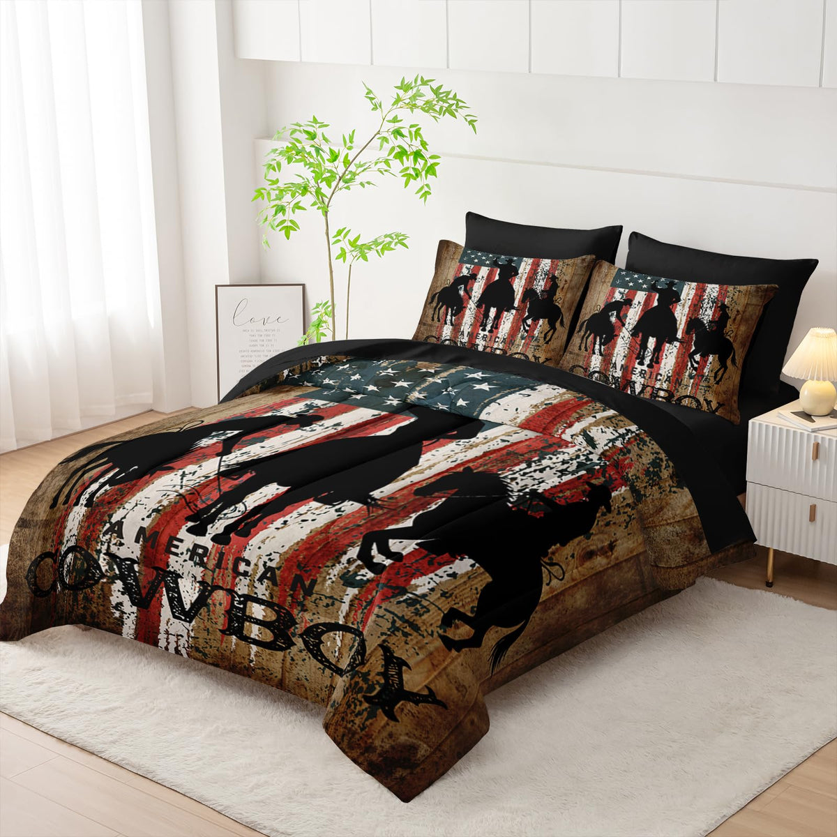 AILONEN Western Cowboy Comforter Set Full Size,7-Piece Rodeo Cowboy Riding Bull Bed in a Bag,United States Retro Country Style Comforter & Fitted Sheet & Flat Sheet & 2 Pillowcases,Soft Microfiber