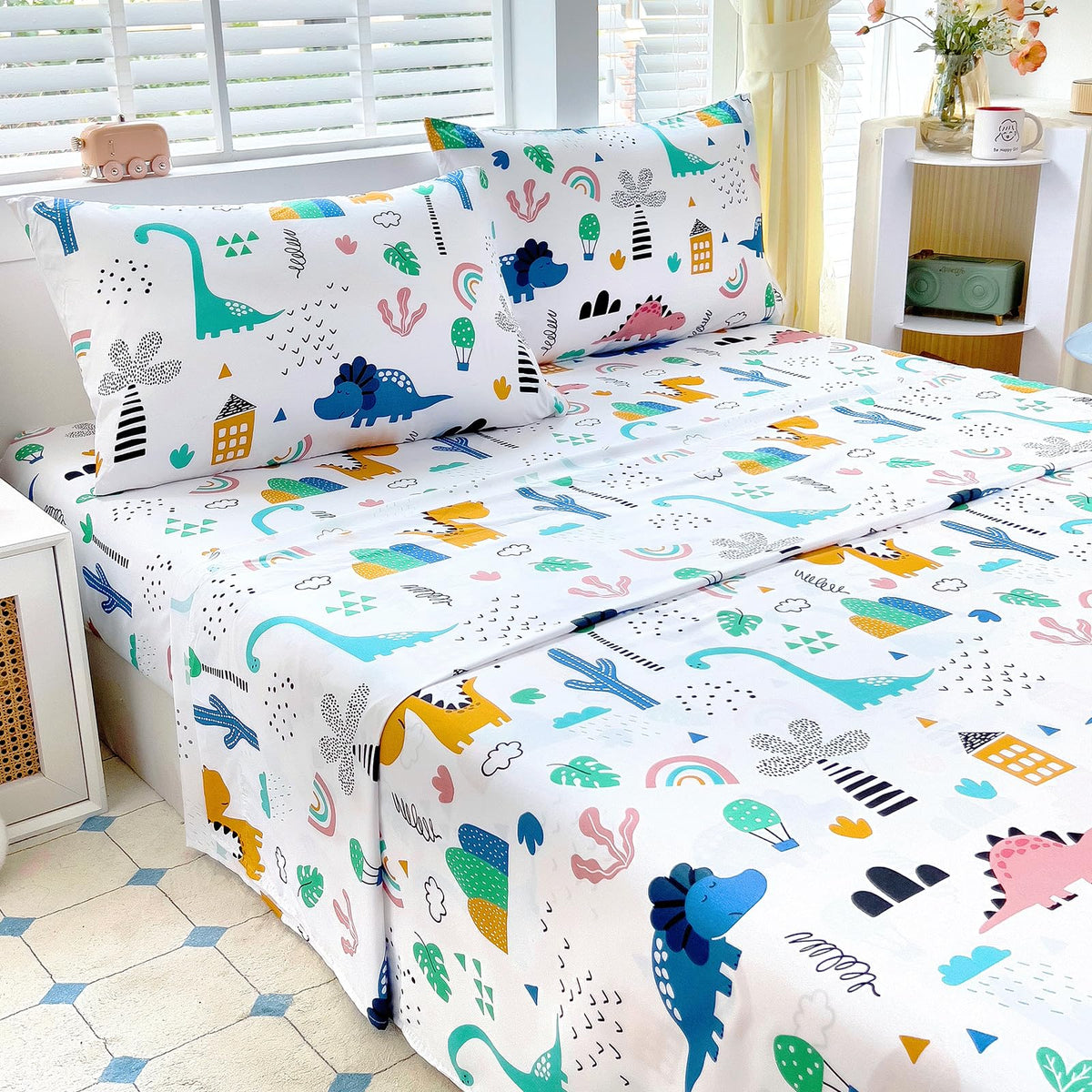 Homilay Full Sheet Set Kids - Dinosaur 4 Pieces Soft Microfiber Cartoon Style Bedsheets for Boys Girls Teens, Oeko TEX Breathable 15 Inch Deep Pocket Sheets(Jurassic Period)