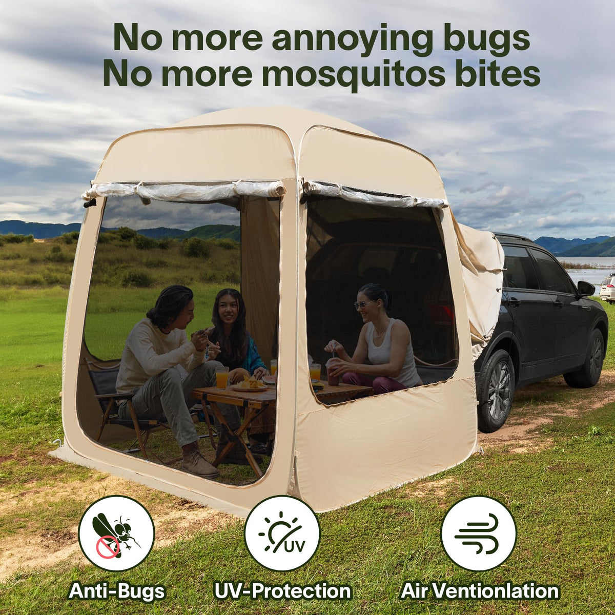 EighteenTek SUV Tent Attachment for Camping with Mesh Walls and PVC - 5 Person Car Cabana - All Weather Proof Pod Shelter Pop Up Clear View Tailgate Tent for Car SUV Van, 7’X7’X7.2’H