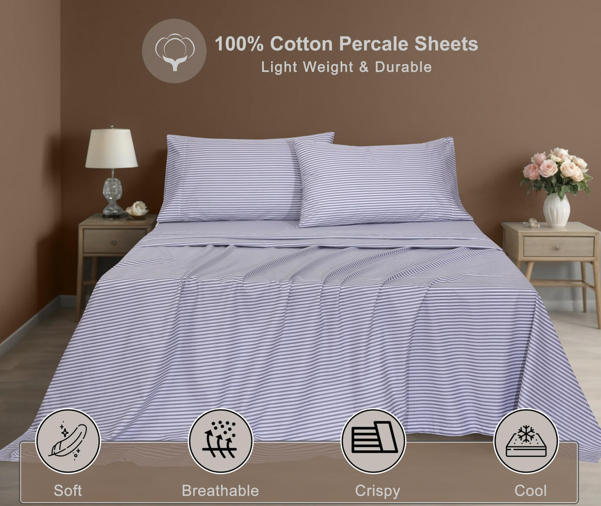 ZOYER 100% Cotton Sheets – Full Size Percale Bedding, Cooling & Breathable, Durable with a Crisp, Soft & Comfortable Feel, 16" Deep Pocket, 4-Piece Set, Grey Stripe
