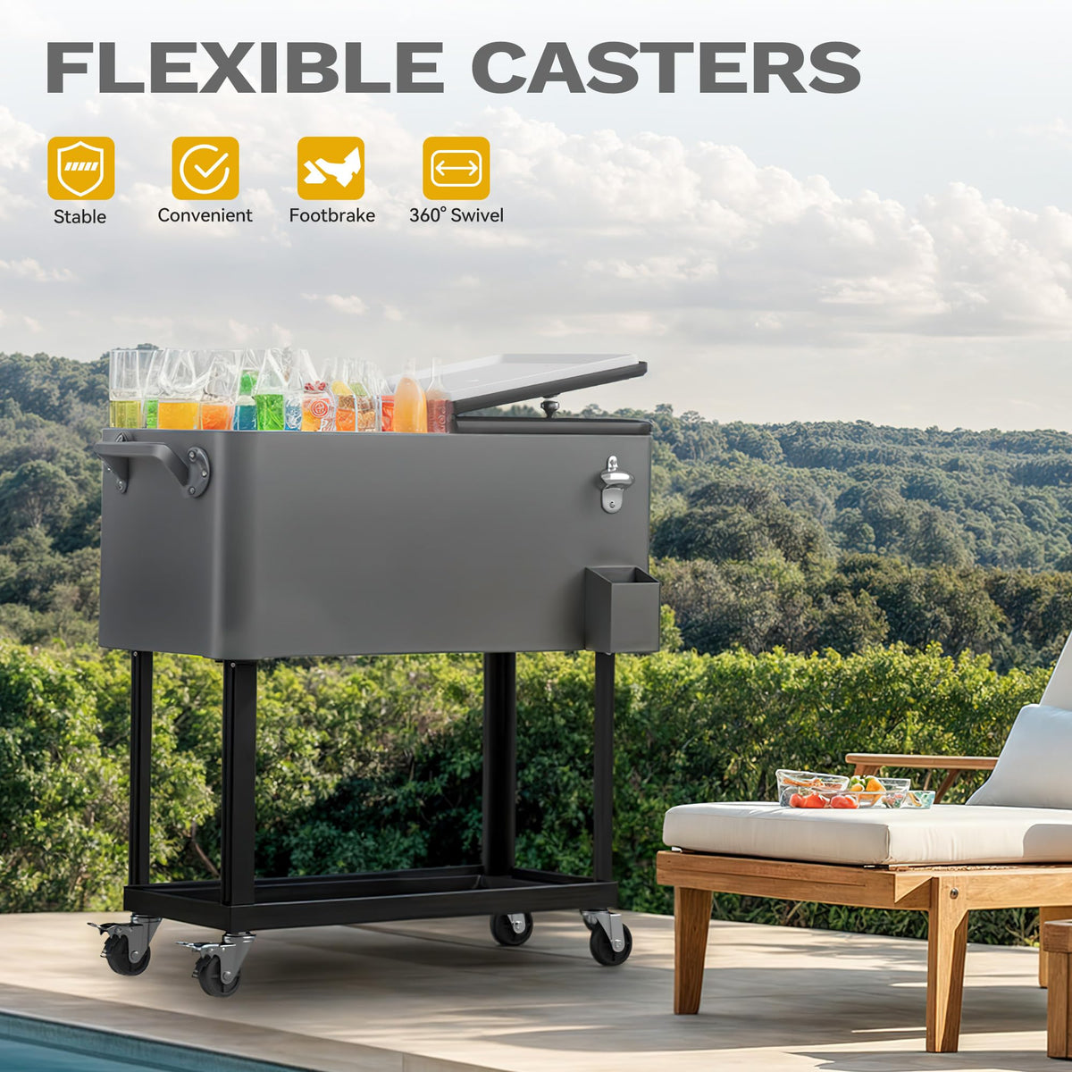 DWVO Ice Chest with Wheels,80 Quart Rolling Cooler with Bottle Opener Drainage, Patio Cooler Cart, Rolling Ice Chest with Handle for Patio Pool Deck Party BBQ Cookouts(Grey)