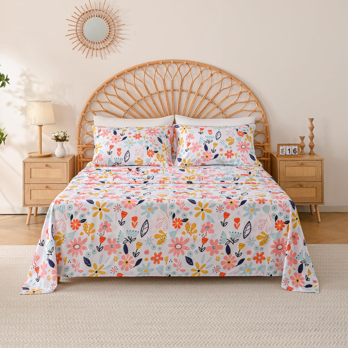 Yibeizi Floral Sheet Set for Girls, Full Size Kids Cute Flower Patterned Bedsheet Microfiber Deep Pocket Bedding Sheets & Pillowcases 4 Pieces