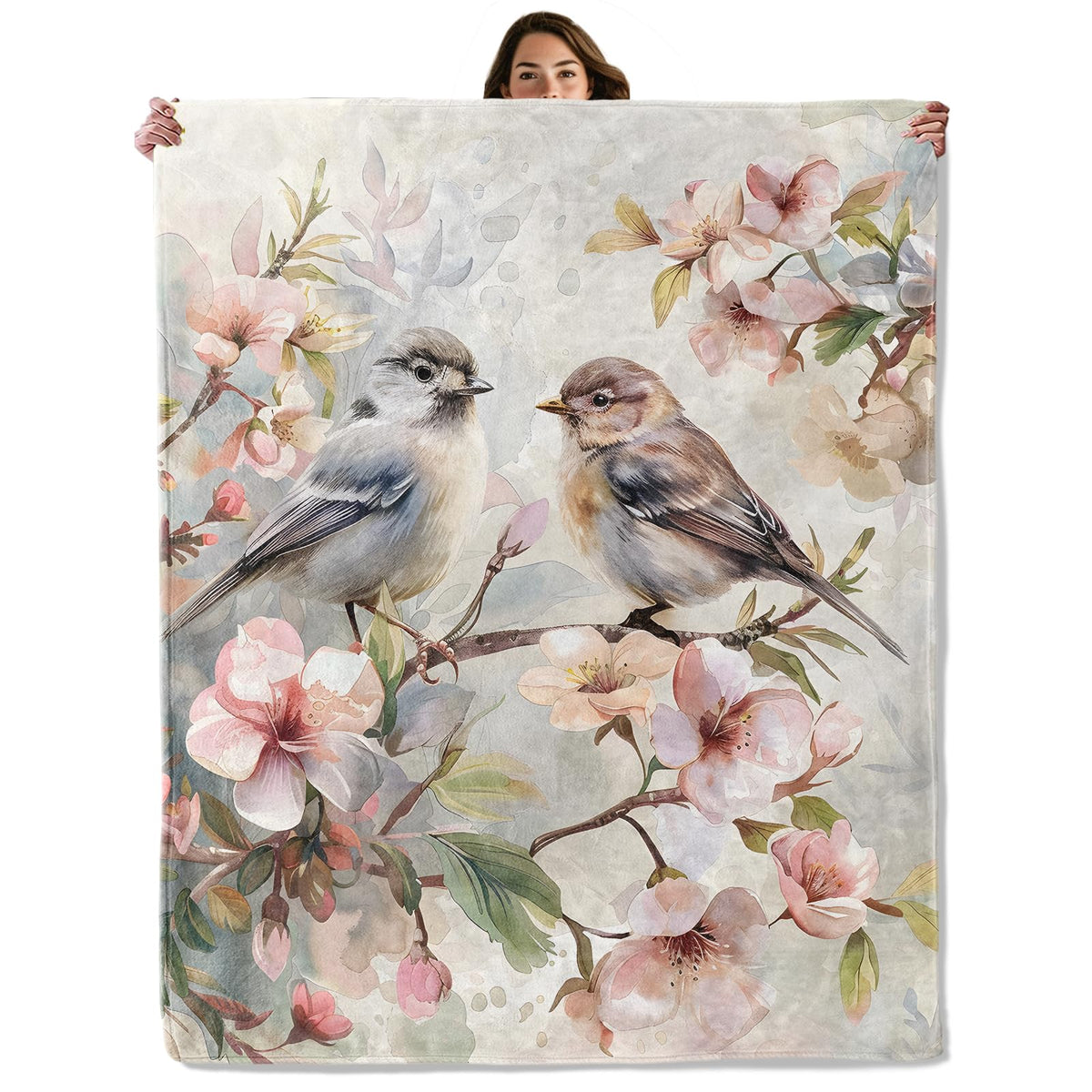 Spring Bluebird Blossom Throw Blanket for Boys Girls Kids Women, Pink Flower Design, Fuzzy Warm Soft Cozy Flannel Blankets Gifts for Bedroom, Couch, Travel, Home Decor 50x60 in