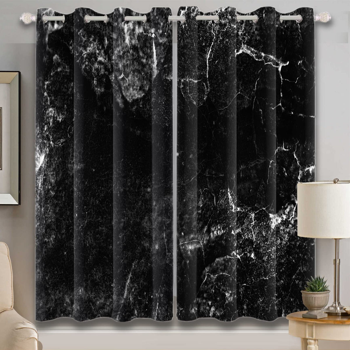 Renaiss Black Marble Blackout Curtains, Black and White Marble Texture Print Bedroom Window Curtains Luxury Modern Art Thermal Insulated Window Drapes for Living Room 53W x 84L Set of 2 Panels