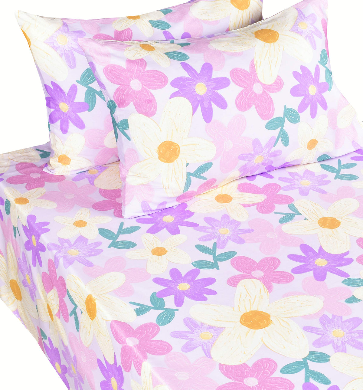 Scientific Sleep Purple Flower Painting Girls 100% Cotton 4 Pcs Full Bed Sheet Set Kids Toddler Teen, Flat Sheet & Fitted Sheet & Pillowcase Kids Bedding Set (Floret, Full)