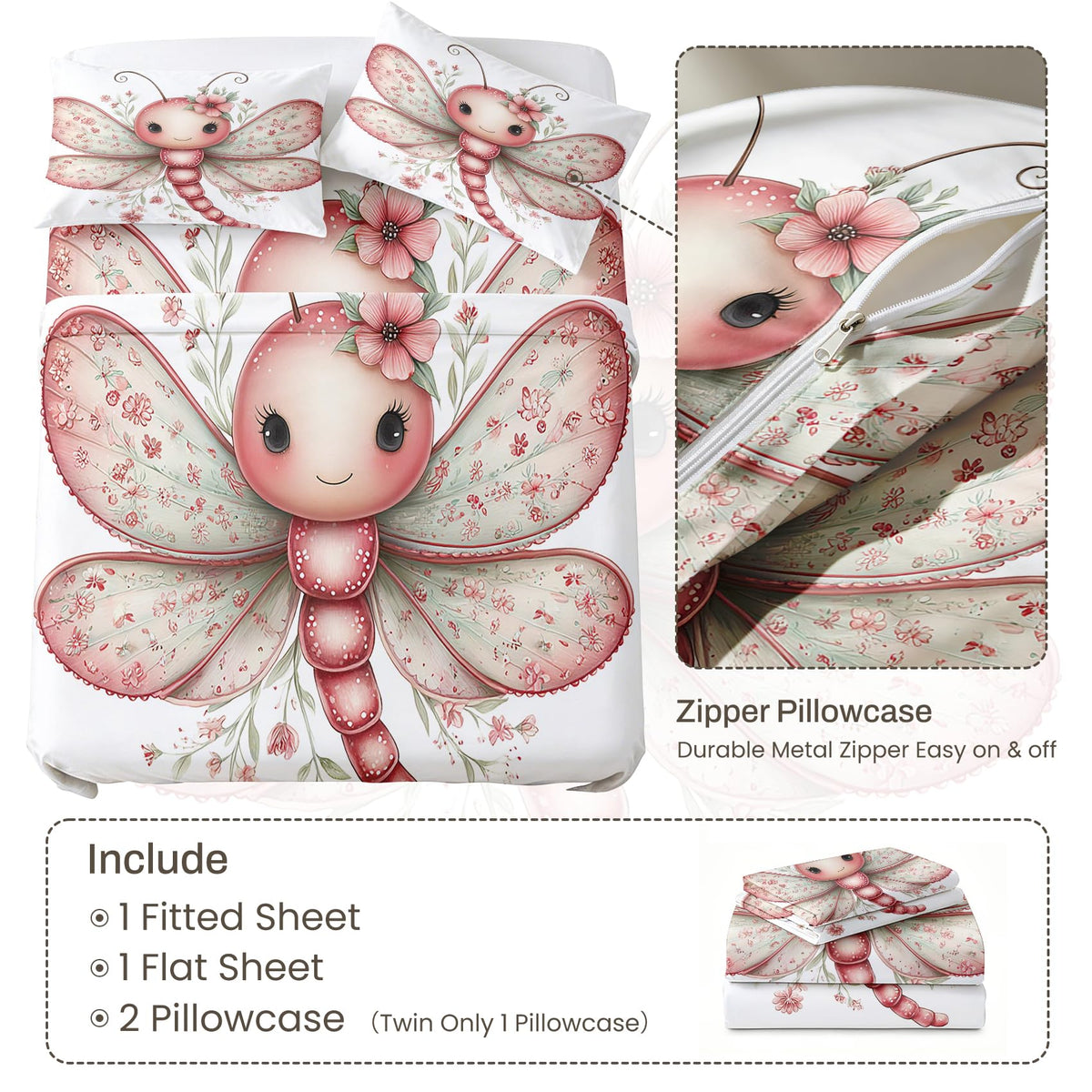 Cute Dragonfly Full Bedding Set Girls Kawaii Sheet Sets