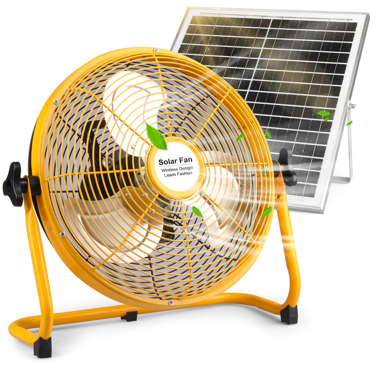 12'' Solar Powered Floor Fan Rechargeable, Long Lasting Portable Battery Operated Floor Fans with 12 Speeds, 20W Panel & AC Charging, 360° Tilt for Outdoor Camping, Chicken Coop, Garage (Yellow)