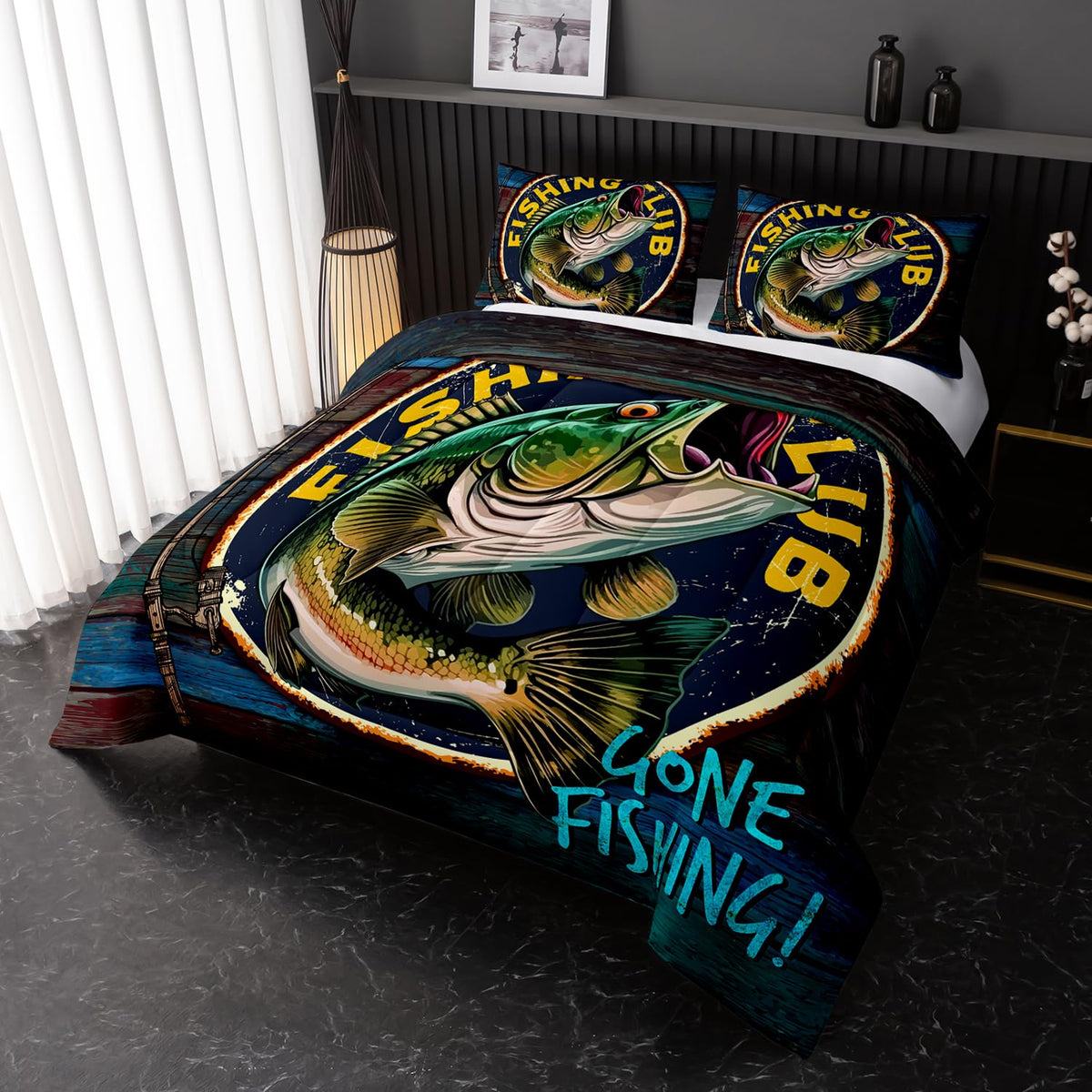 Nttopship Big Pike Fish Bedding, Bass Fishing Comforter Set Hunting and Fishing Themed Comforter Set for Kids Boys Room Decor, Twin Bed in a Bag for Teens with 2 Pillowcases