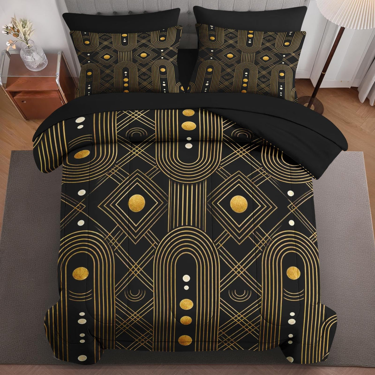Boewywh Comforter Set Twin Size Geometric Gold Black 7 Pcs, Bedding for Kids and Adults, Retro Modern Bed Sheet Sets with Fitted Sheet 2 Pillowcases & 2 Shams for Bedroom Bed Decor