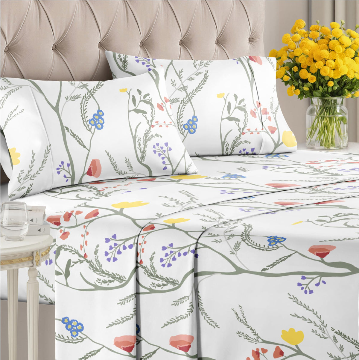 Floral Sheets - Boho King Bed Sheet Set - 1 Flat, 1 Fitted & 2 Pillowcases w/ Deep Pockets - Comfy, Wrinkle & Fade-Free - Boho Botanical Bedding - Ultra-Soft, Breathable and Cooling - King Size Set