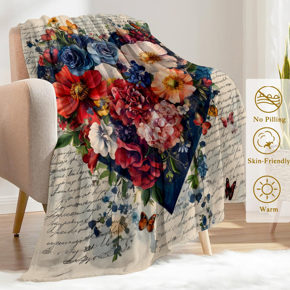 ainori Heart of Love Flannel Blanket - Romantic Floral with Lush Blooms and Words Throw - Soft Cozy Gifts Blankets for Flower Lovers & Kids Women, Romantic Romm Decor, and Elegant Home Accent 50x60in