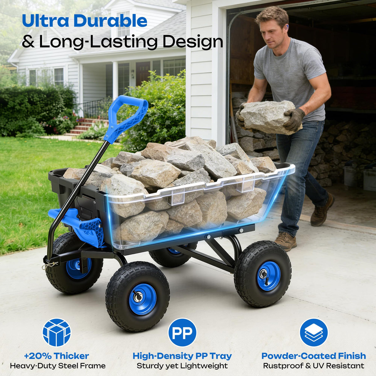 Ultym Garden Dump Cart 900Lbs, 2026 Upgraded Heavy Duty Wheelbarrow Dump Wagon with 10" Non-Slip Pneumatic Tires & Quick-Release Dumping, 4-Wheel Steel Frame Utility Carts for Yard,Farm and Garden