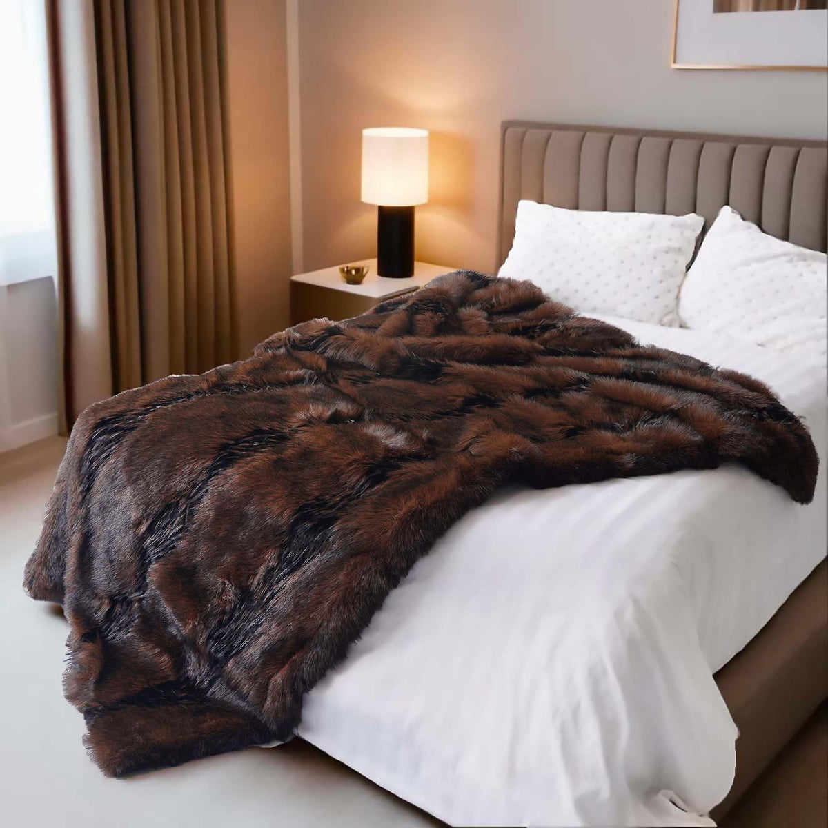 inchgrass Fox Faux Fur Blanket Luxury Fur Throw Blanket Sofa Fluffy Blanket Super Warm Elegant Cozy Fuzzy Throw Blankets for Couch,Armchair and Bed Washable Plush Blankets 74"x90" Brown Throw Blanket