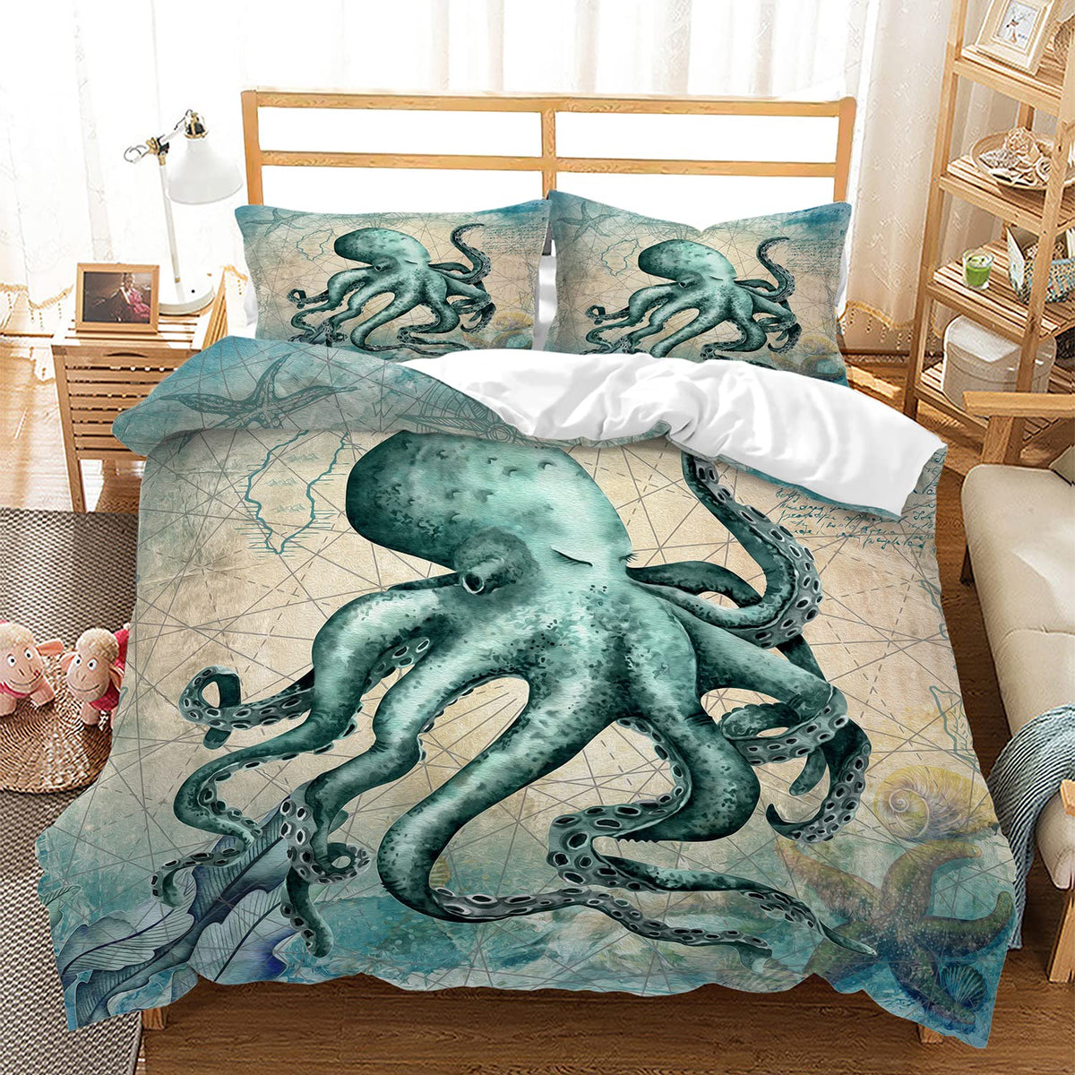 CVHOUSE Octopus Duvet Cover King Size,Sea Animal Mediterranean Style Design Bedding Set,Ocean Octopus Comforter Cover for Kids Teens,1 Duvet Cover 2 Pillowcases 3 Piece