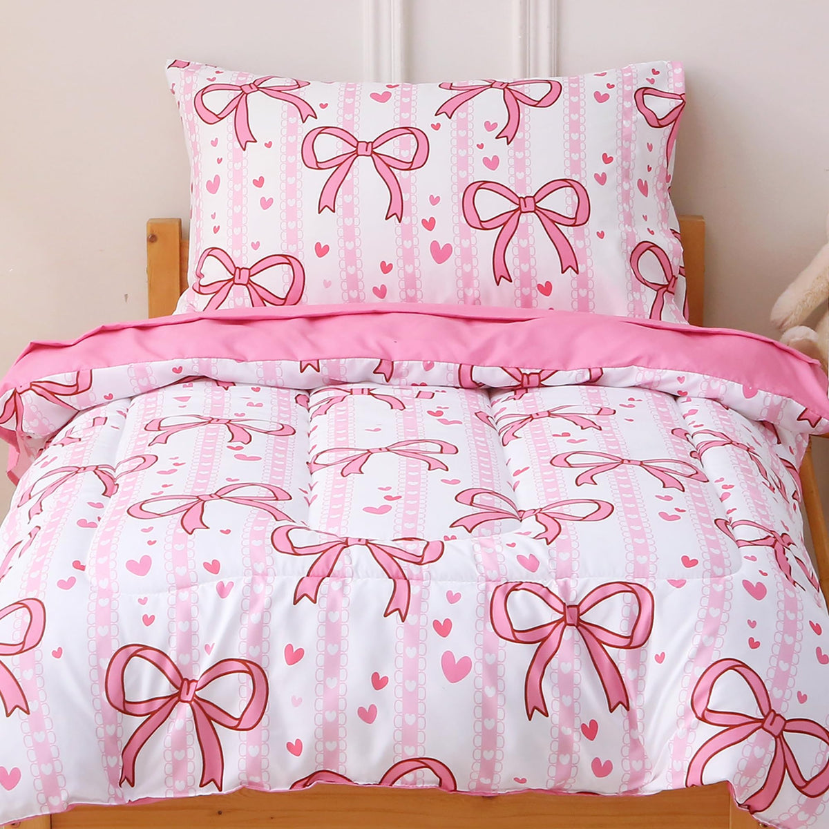 Viviland Pink Bow Toddler Comforter Sets, Cute Girls Toddler Bedding Set, Soft Microfiber Pink Toddler Bed Set