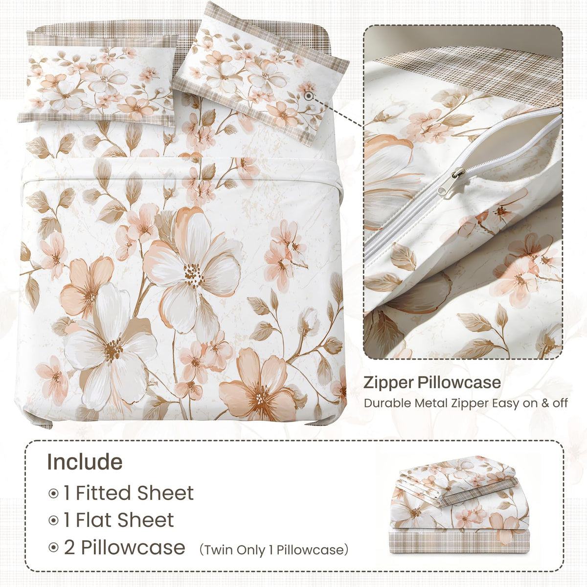 Plaid and Floral Full Sheet Set Farmhouse Flat Fitted Sheet Sets
