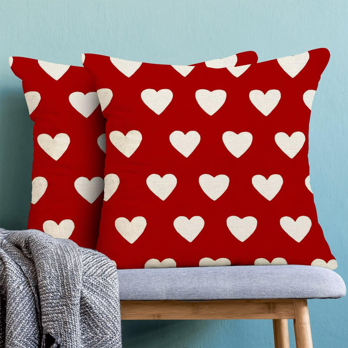 AEIOAE Valentines Pillow Covers 18x18 Inch Set of 2, Red Love Hearts Throw Pillows Farmhouse Linen Love Hearts Pillow Case for Sofa Bedroom Living Room Indoor Outdoor