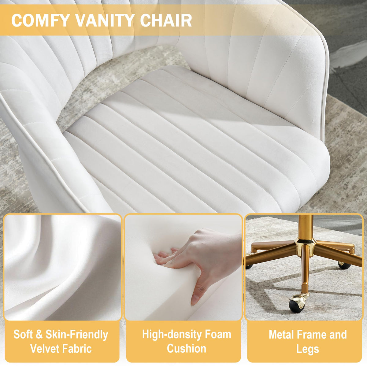 Kiztir Vanity Chair with Wheels, Criss Cross Velvet Vanity Chair with Back Modern Home Office Desk Chair Swivel Accent Chair for Bedroom Living Room (Beige)
