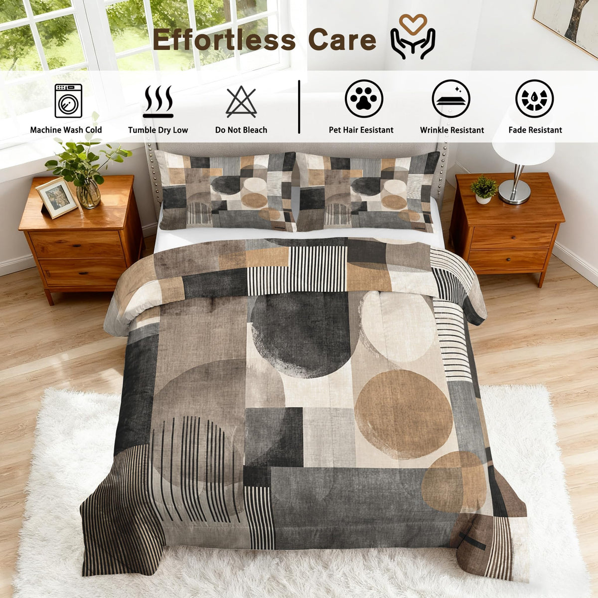 ZDABAOEC Mid Century Modern Queen Comforter Set 3 Piece, 2 Pillow Shams, Abstract Geometric Minimalist Reversible Down Alternative All Season Bedding, Soft Microfiber, Mid Century Bedroom Decor