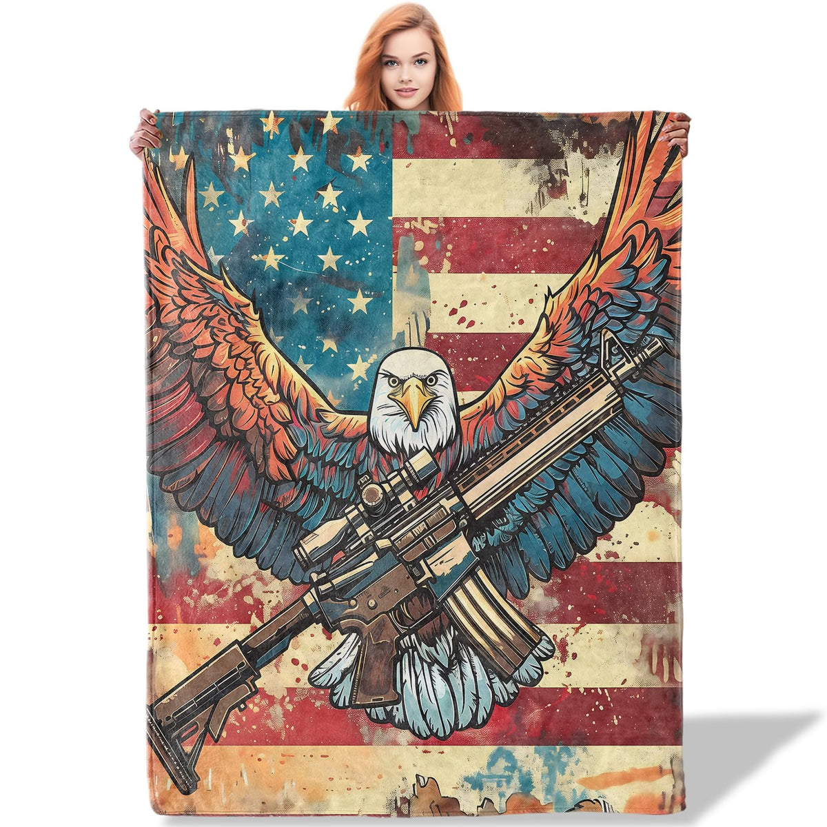 Plistiz Eagle & Rifle Veteran Throw Blanket 50"x60", American Flag Patriotic Army Theme Blankets for Living Room Couch, Home Decor, Soft Flannel Eagle Veteran Gifts for Adults and Men
