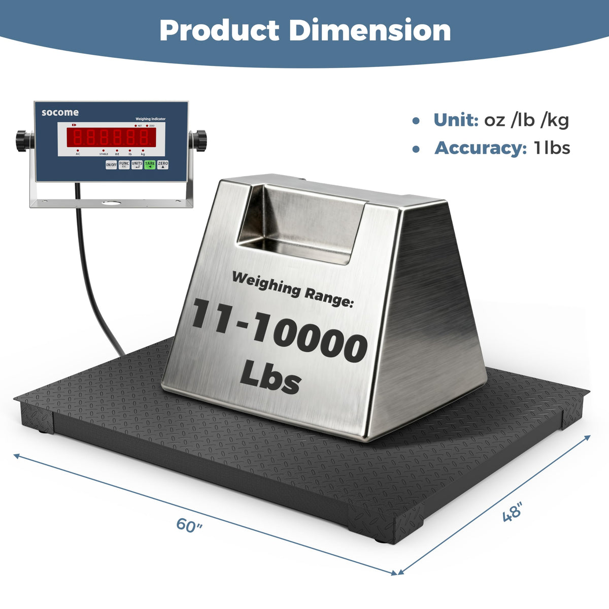 SOCOME 60"x48" Industrial Floor Scale with Digital Indicator, Professional Pallet Scale, Heavy Duty Weighing Scale for Wareshouse, Shipping and Industrial, 10000 lb x 1 lb, Black