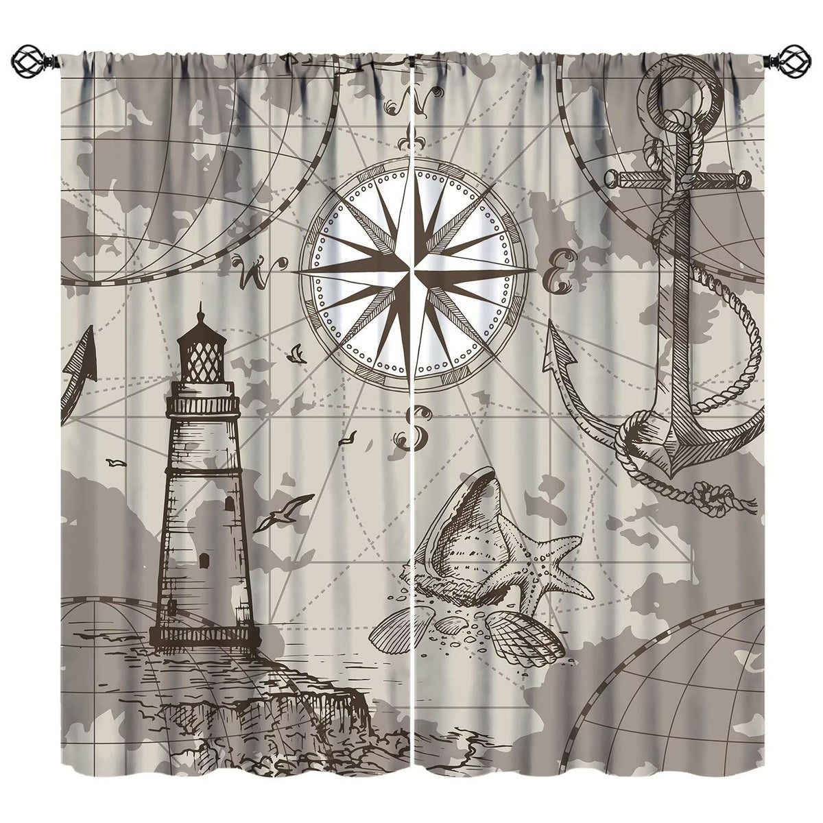 XBDDZSW Nautical Sailboat Map Curtains Sketch Pirate Ship Wheel Compass Starfish Coral Reef Nautical Map Pattern Print Window Drapes for Bedroom Living Room Kitchen Decor,2 Panel Set,42x45 Inch Decor