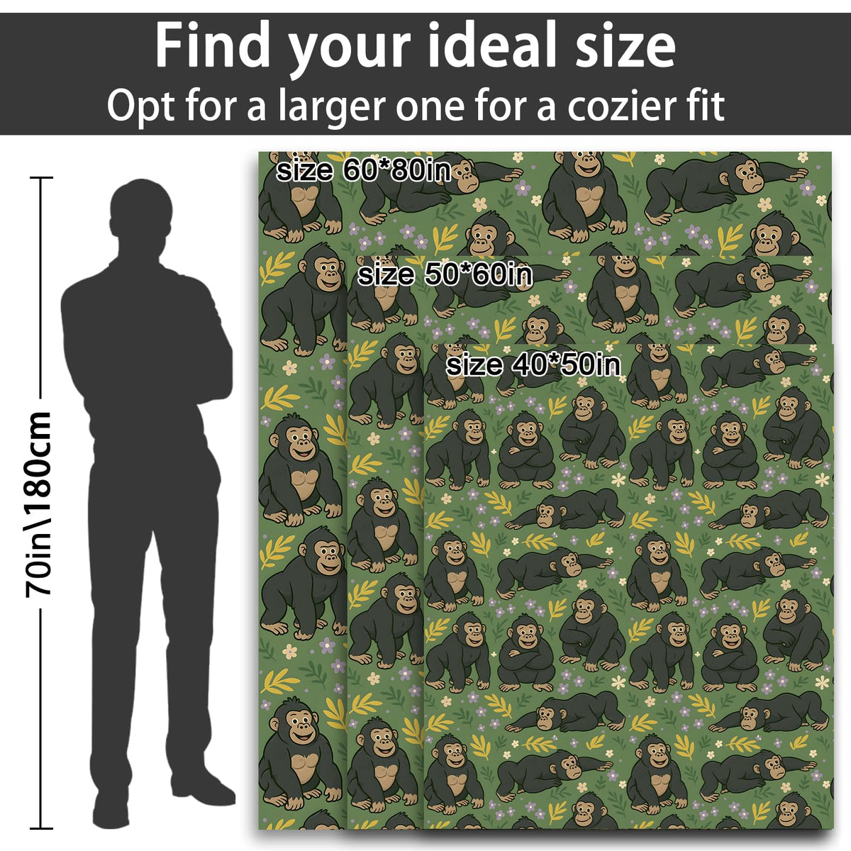 Cute Gorilla Pattern Fleece Blanket for Boys Girls Kids, Cozy Soft Jungle Animal Theme Blankets Gifts for Women, Adults, for Bedroom, Travel, Camping, Sofa, Room Decor 50x60 in
