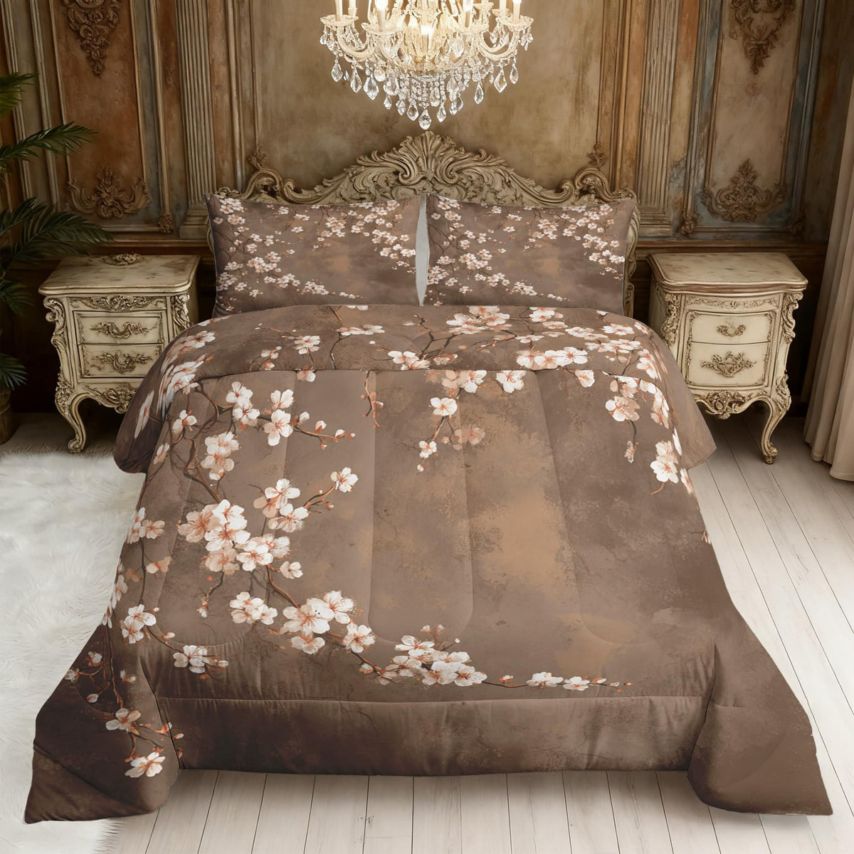 TANCAPRIUM Japanese Cherry Blossom Comforter Set Twin - Floral Bedding Set & 2 Pilow Cases for All Season - Soft Reversible Down Alternative 3 Piece. Flower Bedrom Decor