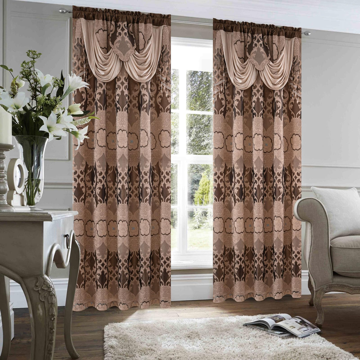 Petrichor Taupe Sheer Jacquard Voile Curtains （54" W x 84" L）, 2 Panels with Attached Valance, Double Layer Floral Cutwork Design with Luxurious Texture,Rod Pocket, for Bedroom & Living Room