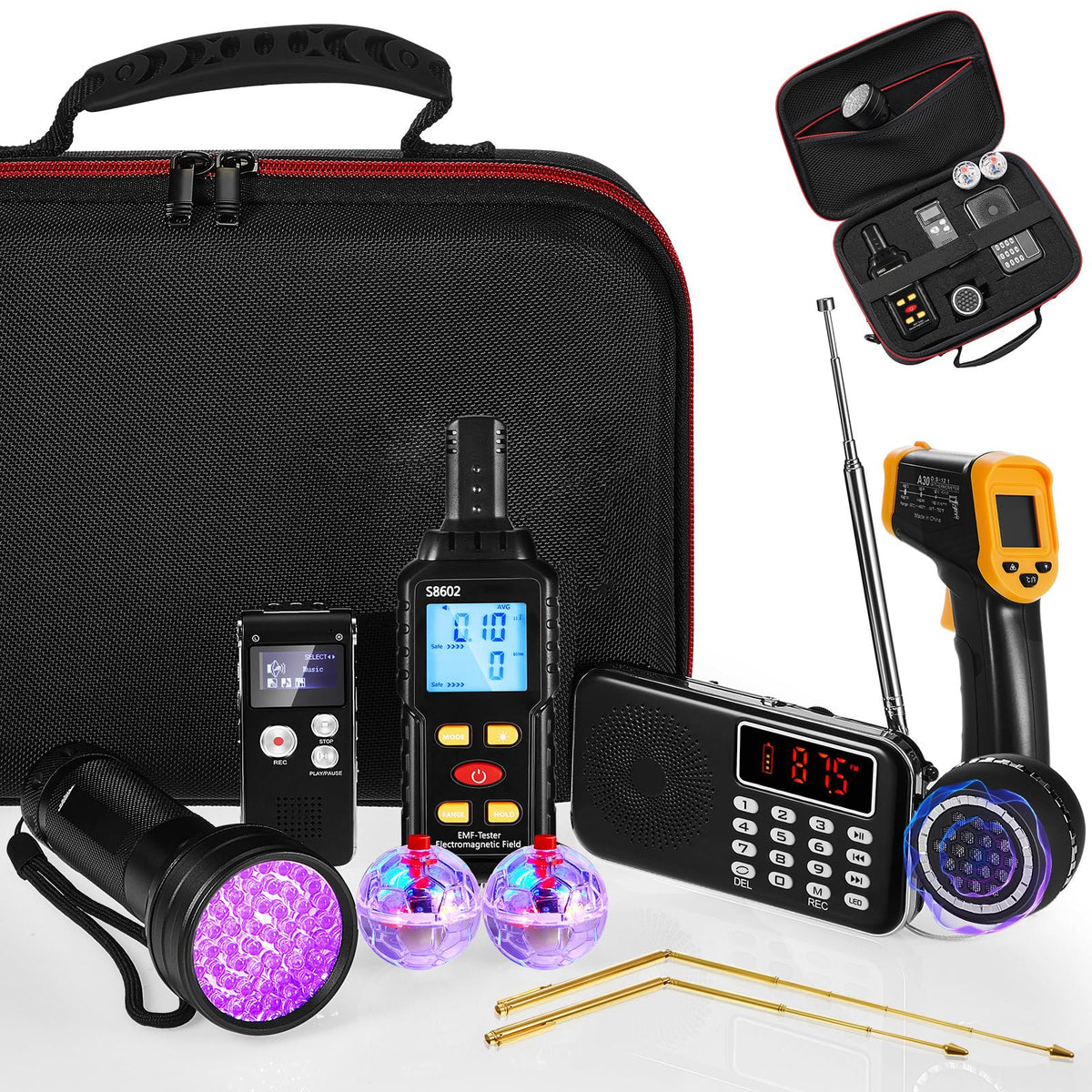 Dunzy 11 Pcs Ghost Hunting Equipment Kit Include Ghost Radio, Electromagnetic Paranormal Radiation Detector, EVP Recorder, UV Flashlight 2 LED Light up Cat Balls Etc(3 in 1 Emf Meter)