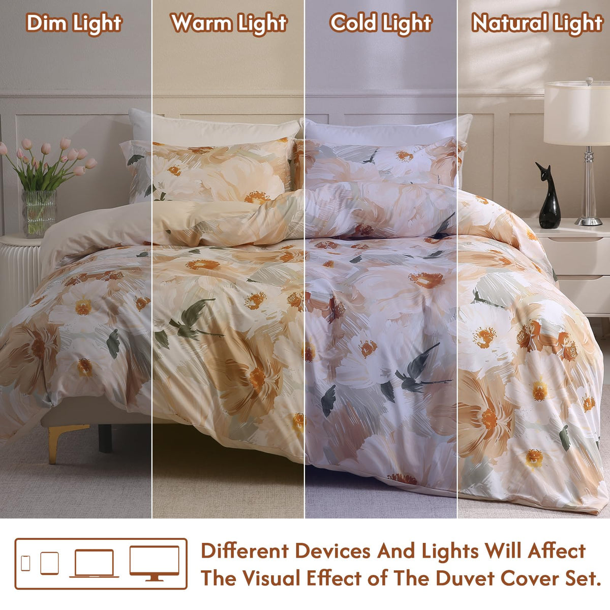 LONAVA Queen Flower 3 Pcs Duvet Cover Set, Breathable Soft Microfiber Biege Lining Comforter Cover with Zipper Closure, and 2 Anti-Pilling, Fade Resistant Pillowcases, Golden Flower