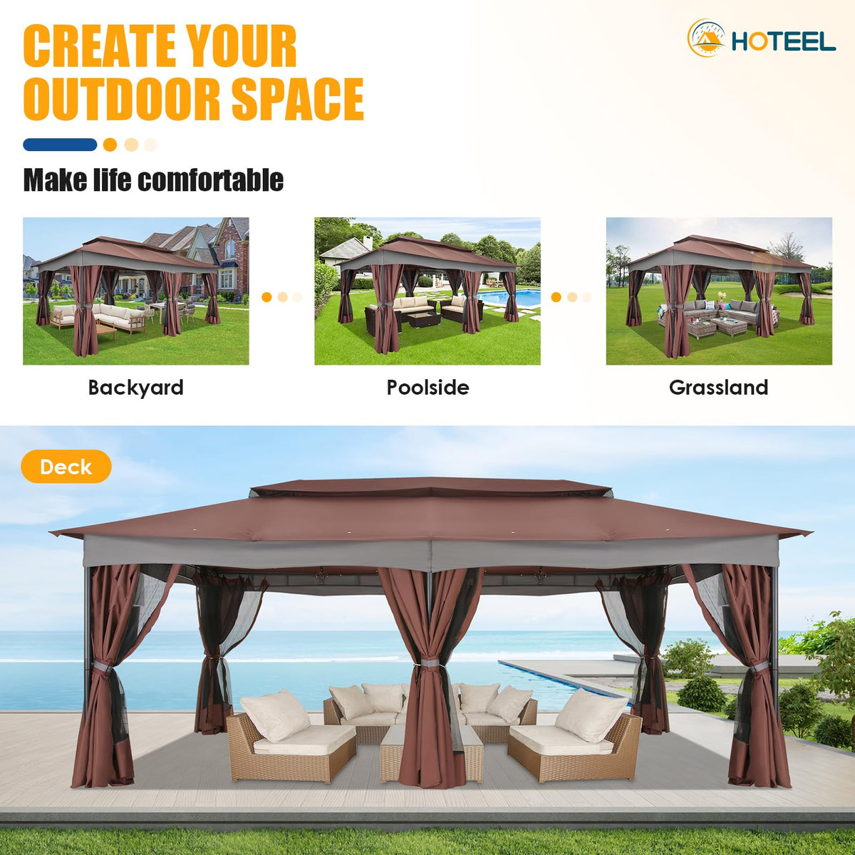 HOTEEL Gazebo 12x20, Outdoor Gazebo on Clearance with Double Ventilated Arc Roof, Privacy Curtains & Mosquito Netting, Easy Set up Canopy Tent with Stable Metal Frame for Patio Gazebo, Brown