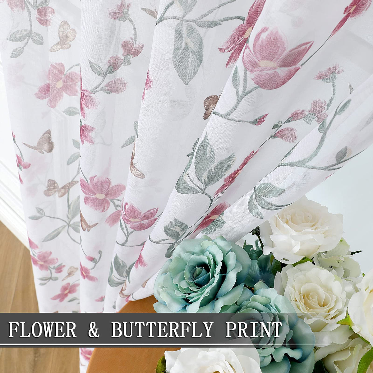 Tollpiz Sheer Floral Curtain Pink Flower Butterfly Printed Bedroom Curtains Rod Pocket Voile Faux Linen Window Curtain for Living Room, 54 x 84 inches Long, Set of 2 Panels
