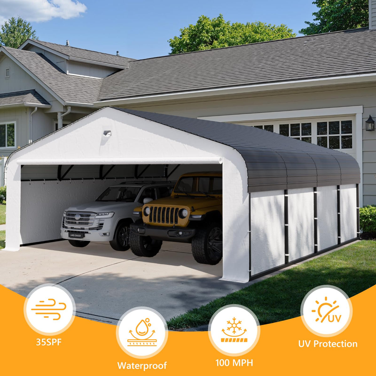 20x20 Metal Carport, Heavy Duty Car Carport Canopy, Galvanized Steel Roof Car Tent Garage, CarPorts with Removable Sidewalls