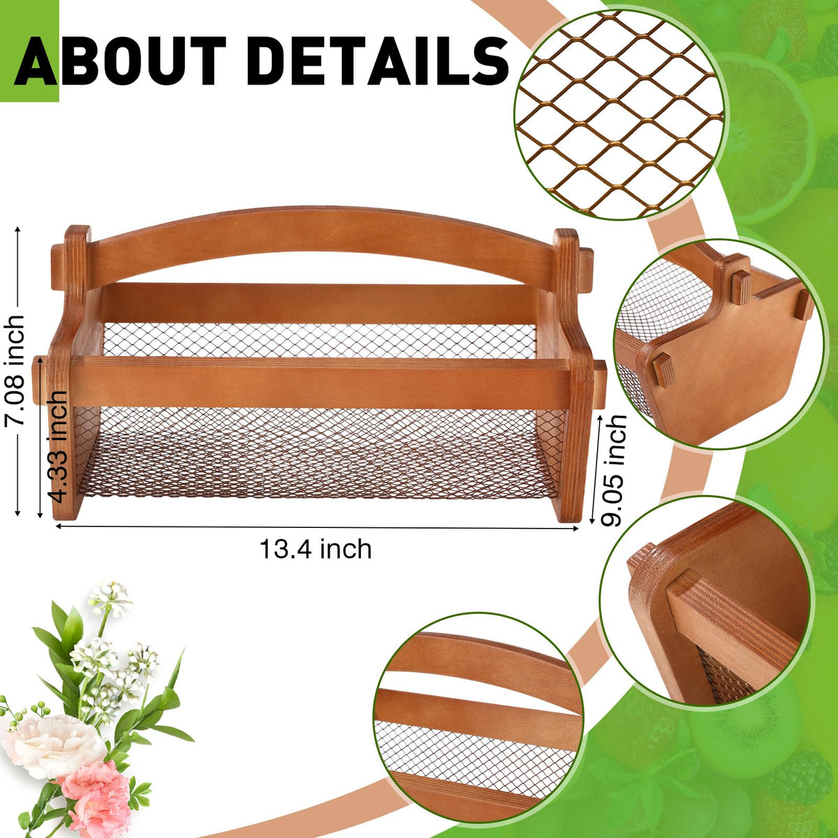 Teenyyou Garden Harvest Basket Mesh Storage with Handle Versatile Gardening Fruits Vegetables Gathering Basket Garden Supply Gardener Gift Spring for Washing Holding(Brown,13.4in)