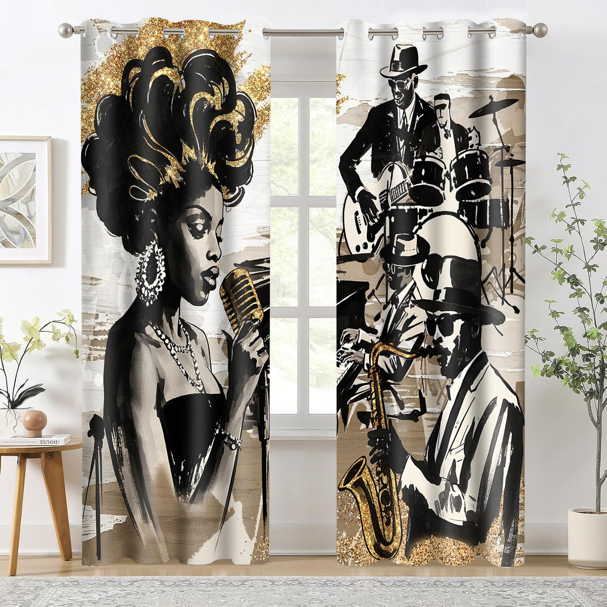 HIYSMT American Woman Jazz Music Curtains African Black Girl Singing Jazzist Band Blackout Curtain Afrocentric Black Gold Modern Art Treatments for Music Room Bedroom 4284inch 2Panel HI028DX