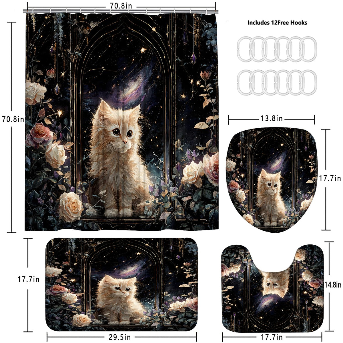 4Pcs Cat Starry Shower Curtain Sets with Non-Slip Rugs, Toilet Lid Cover and Bath Mat, Rose Pet Pattern Home Bathroom Decor Set Accessories Waterproof Shower Curtains with 12 Hooks, 72 x 72 Inch