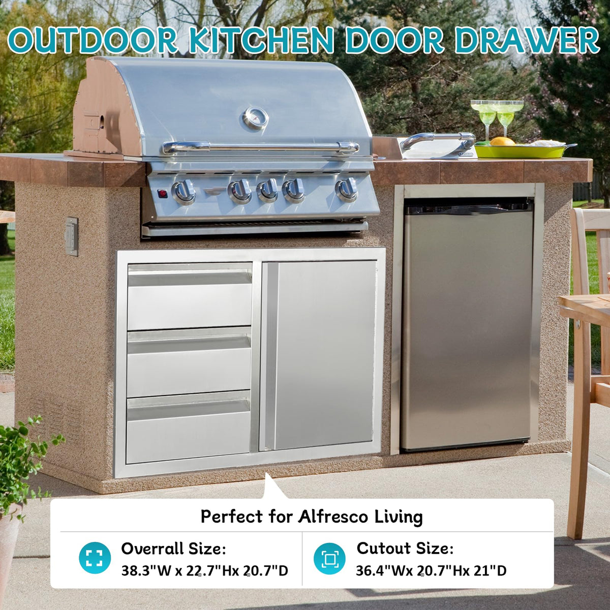 FORJAMINT Outdoor Kitchen Door Drawer Combo Cabinet,38.1W x 22.6H x 20.8D Stainless Steel with Handles,Triple Drawers & BBQ Access Combo for Outdoor Kitchen Island (Drawer and Right Door Combo)