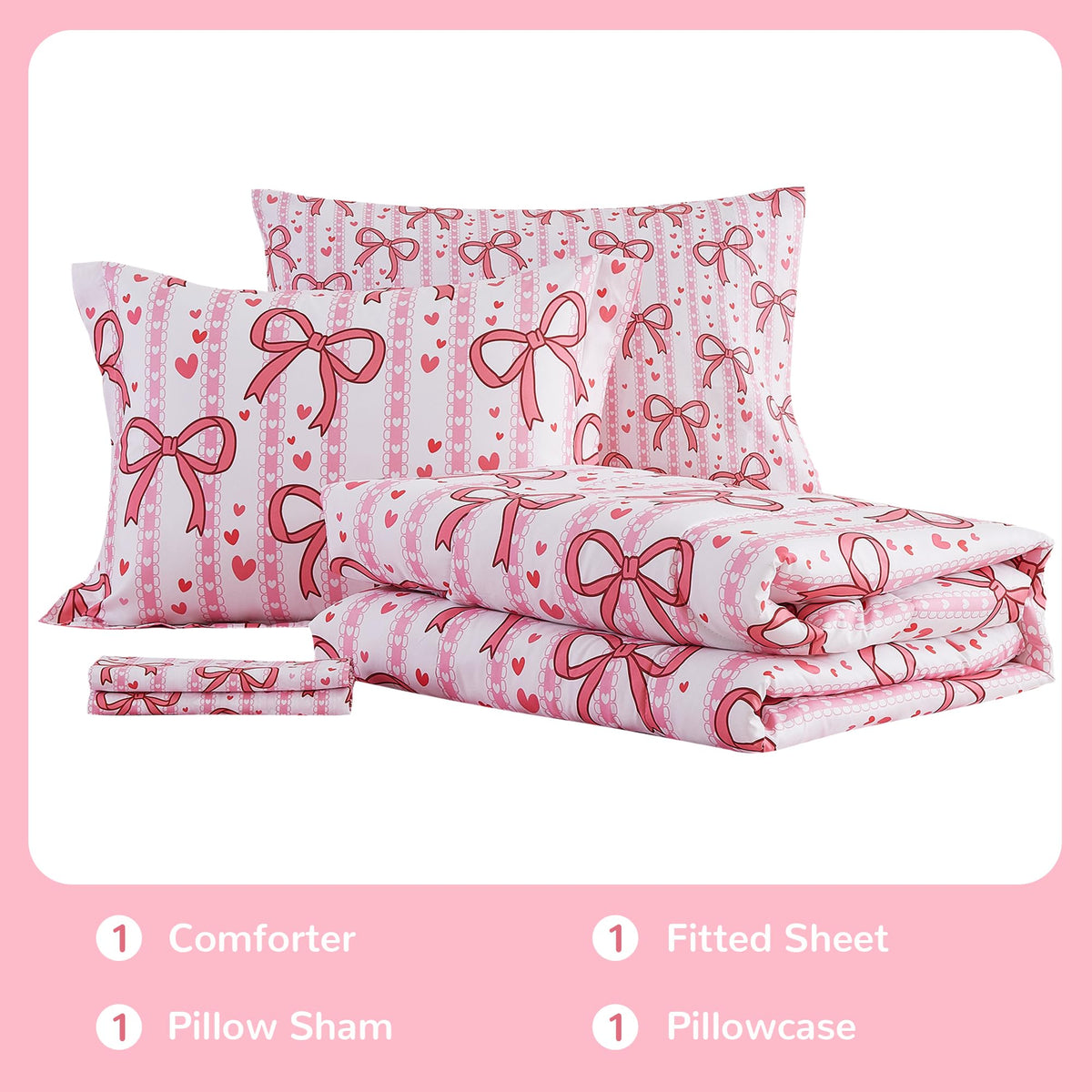 Viviland Kids Twin Bedding Sets for Girls, Soft Twin Comforter Set with Sheets, 5 Pieces Microfiber Bed in a Bag, Pink Bow