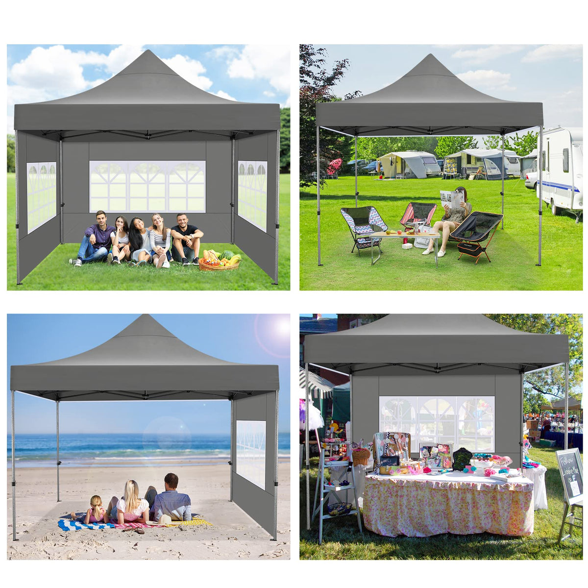 COBIZI 10x10 Pop Up Canopy with 4 Sidewall,Heavy Duty Canopy UPF 50+ All Season Wind Waterproof Commercial Outdoor Wedding Party Tents for Parties Canopy Gazebo with Roller Bag(10 x 10 ft Gray)