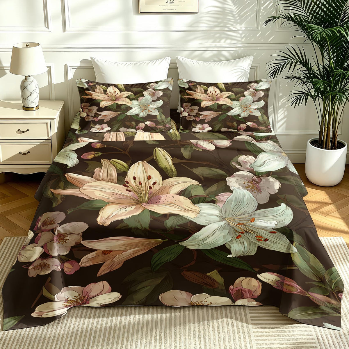 Lily Floral Sheet Set, 4 Pcs Full Size Botanical Bed Sheets