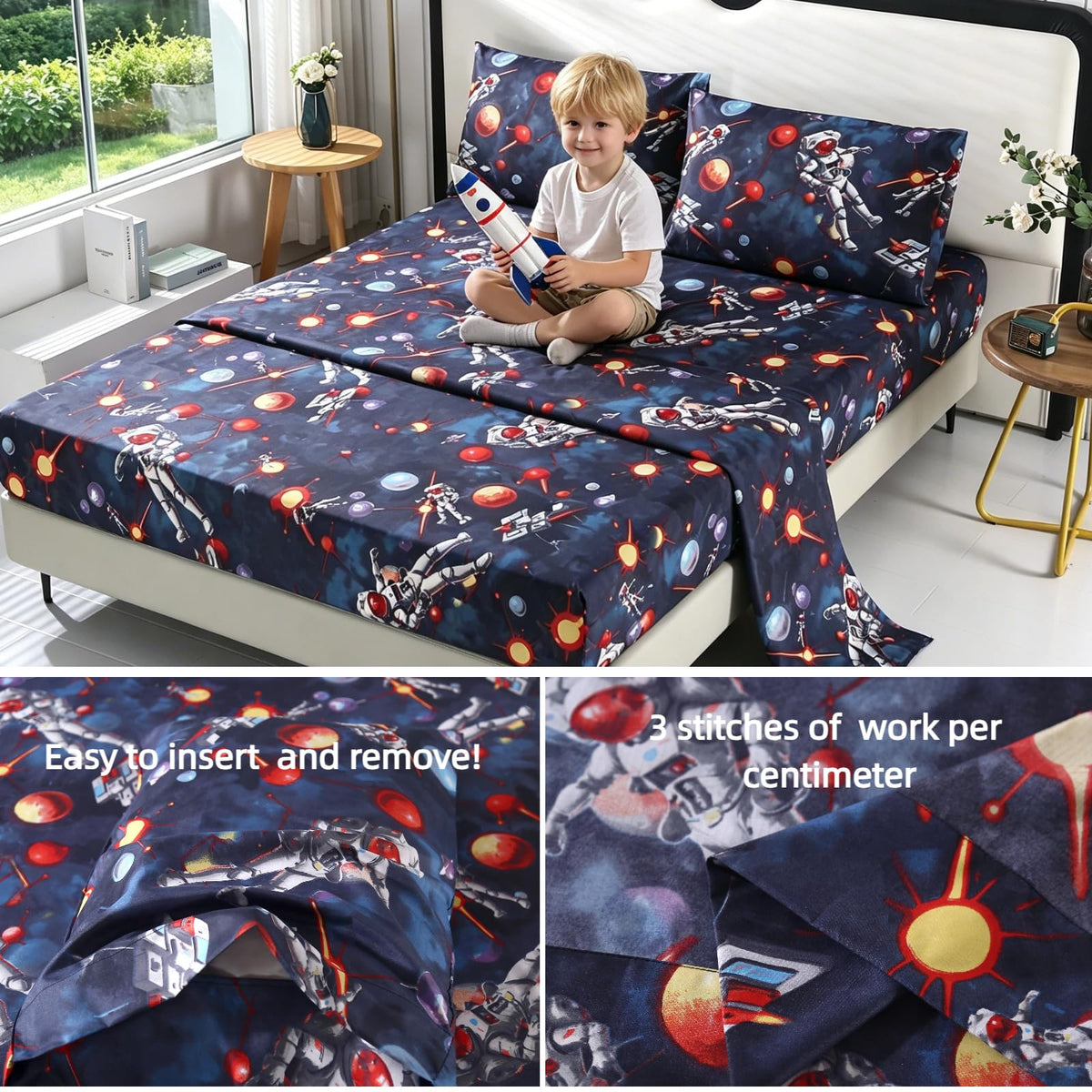 SDY 4 Pieces Space Sheets,Queen Microfiber Sheet Set Astronaut Space with 1 Deep PocketFitted Sheet+1Top FlatSheet+2 Pillowcases for Kids Teens Boys Girls