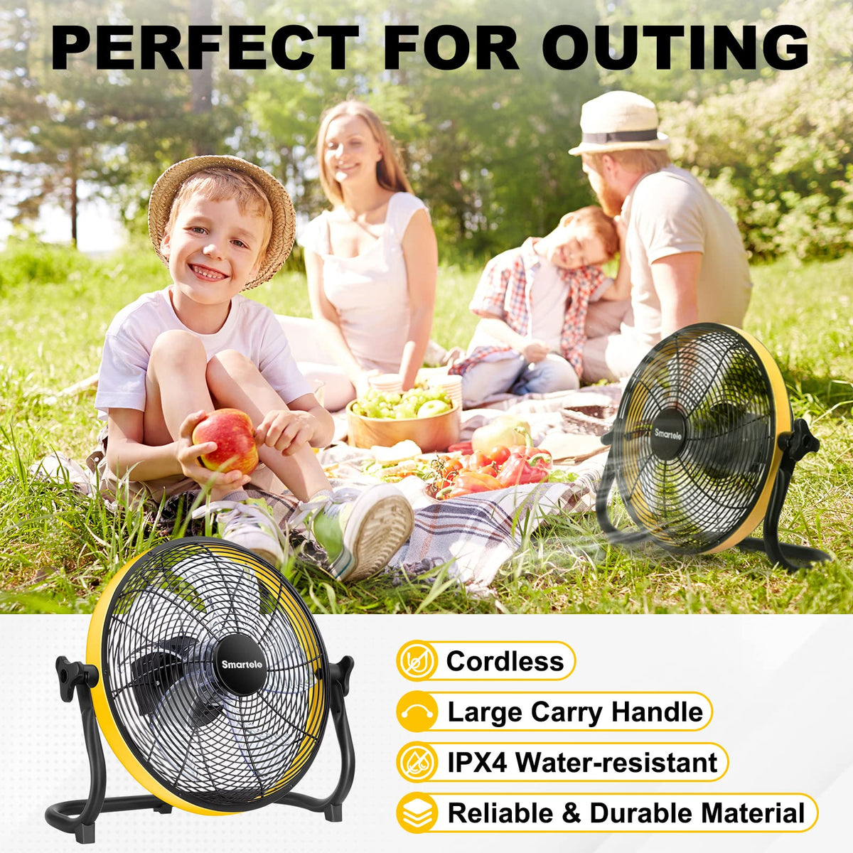 Smartele Large Battery Operated Outdoor Rechargeable Camping Fan Up to 30 Hours Battery Powered Floor Fan Cordless Outdoor Battery Fan, 2 Hours Fast Charging,16 inches