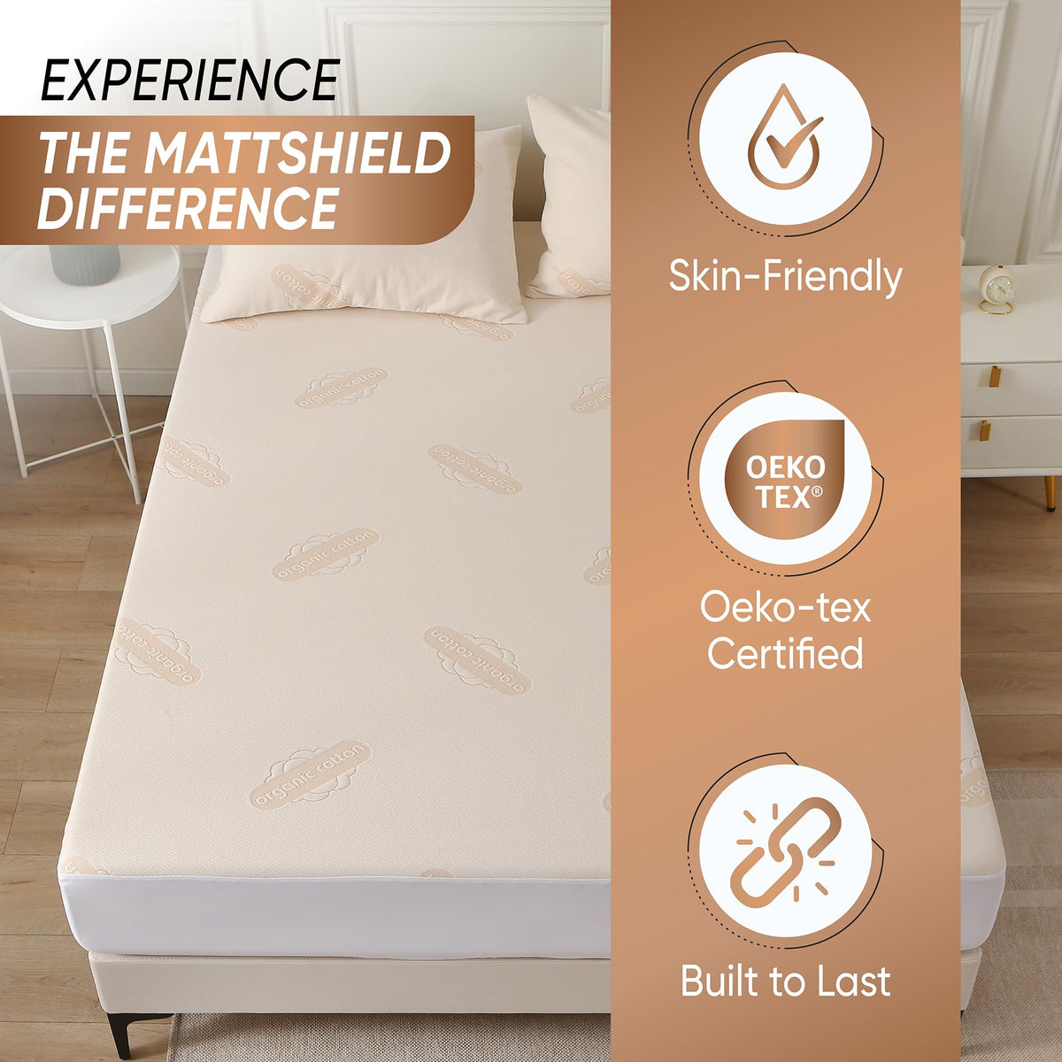 Waterproof Organic Mattress Protector Twin Size – Premium Soft Organic Cotton Surface Mattress Cover – Noiseless & Breathable 250 GSM Mattress Pad – Deep Pocket Fitted Design